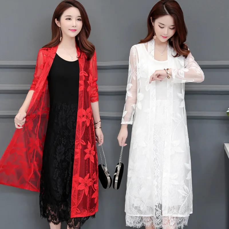 Hollow Lace Cardigan Women Summer Thin Sunscreen Clothing Mid-length Air-conditioning Shirt Long Sleeve Clothes Casu
